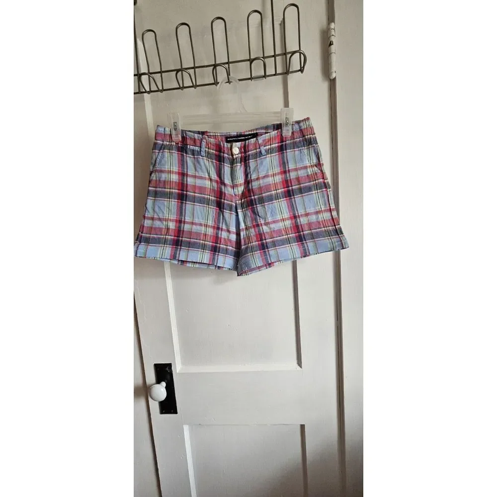 Ralph Lauren Sport Size 4 Women's Linen Flat Front‎ Multicolor Plaid Shorts Red